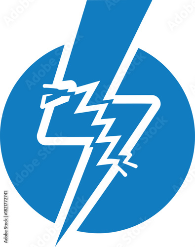 Blue circular icon with white broken lightning bolt symbol representing electric power failure and energy short circuit danger warning for electrical fault concept.