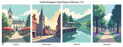 Denton, Cleckheaton, Ashford, Bearsden Flat Vector Poster Collection