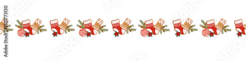Seamless festive border pattern with gingerbread cookies, winter berry, pine branch and holiday elements.
