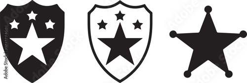 Three black icons of shields and a star on a white background Keywords: shield icon, star icon, badge icon, emblem icon, award icon, security