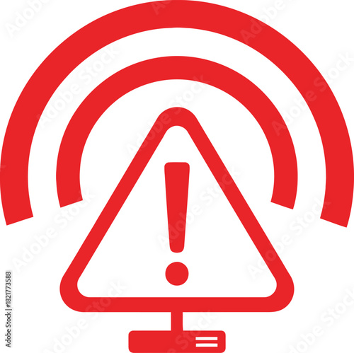 Red wireless signal icon with warning triangle exclamation mark symbol representing network connection error and internet transmission failure alert for web concept.