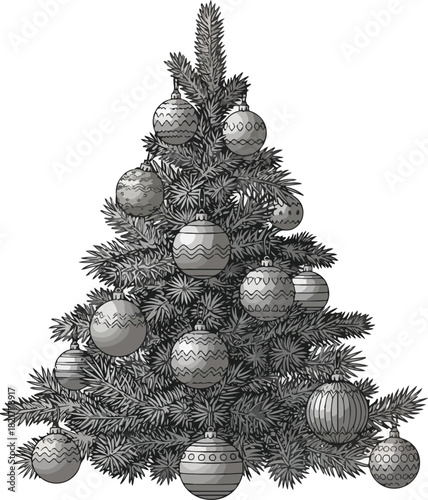 Christmas Tree Adorned with Ornaments: A festive Christmas tree, adorned with shimmering ornaments, radiates holiday cheer, evokes the warmth and joy of the season.