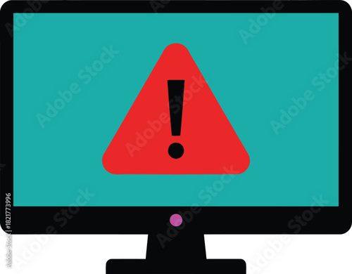 Desktop computer monitor screen with red warning triangle and exclamation mark symbol representing system error alert and critical virus security notification concept.