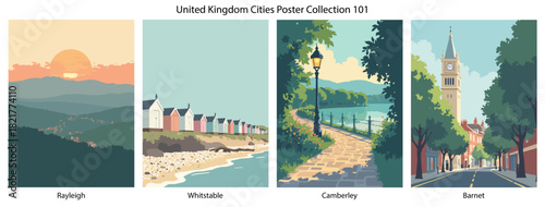 Rayleigh, Whitstable, Camberley, Barnet Flat Vector Poster Collection
