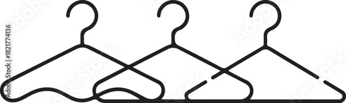 Three black wireframe clothes hangers arranged side by side on a white background Keywords: clothes hanger, garment hanger, clothing hanger