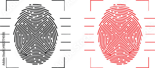 Black and red fingerprint scan icons representing biometric identity verification and security access denied warning for digital authentication system concept.