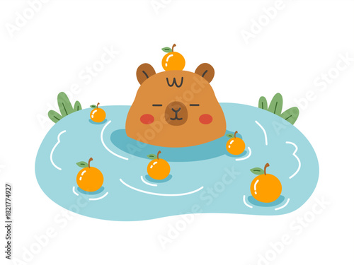 Cute capybara swimming and relaxing in a hot spring with floating yuzu oranges. Represents Japanese onsen culture, winter solstice tradition, spa, and relaxation. Modern cartoon concept.