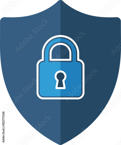 Blue security shield icon with padlock symbol representing strong antivirus protection and internet safety for private data privacy and cyber defense concept.