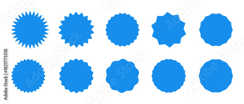 Blank blue sale stickers collection, simple silhouette. Blue circle sticker set. Star burst shape tags for price, shop. Wavy edge promo blue badges. Flat vintage labels. Graphic illustration.