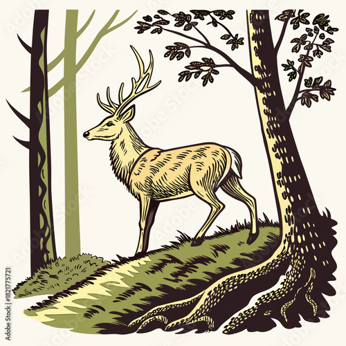 Majestic stag standing proudly on a grassy hillside amidst a stylized forest setting