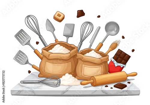 Baking Ingredients and Utensils Illustration on White Marble Board