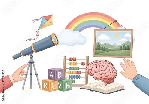 Childhood Education and Learning Flat Illustration with Toys and Brain