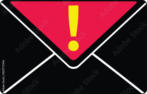 Black envelope icon with red flap and yellow exclamation mark representing spam email virus alert and urgent message notification for internet cyber security risk.