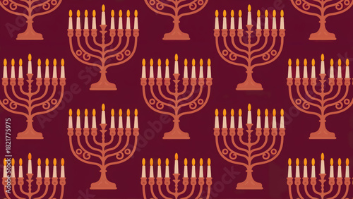 Warm menorahs with lit candles creating a festive elegant pattern for holiday decorations and stylish designs