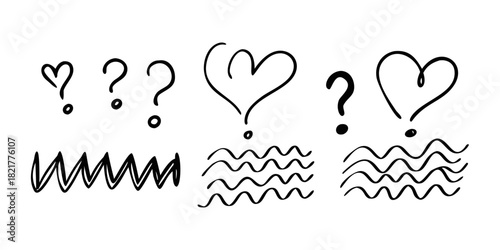 Hand Drawn Hearts And Question Marks With Wavy Lines