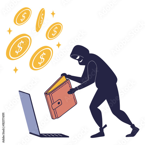 Anonymous hacker steals money from digital wallet via laptop representing online financial crime and data theft