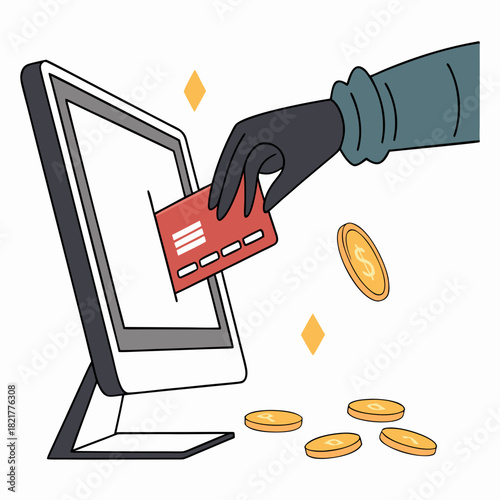 Hand wearing black glove inserting credit card into computer screen while coins fall down representing financial theft