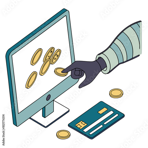 Anonymous hacker hand in glove stealing digital coins from computer screen with credit card nearby