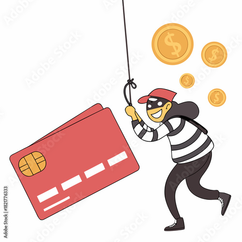 Cartoon thief character wearing a mask and striped shirt fishing for a credit card with coins floating around