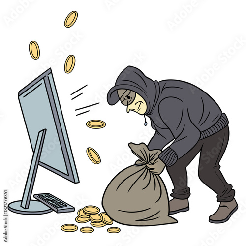 Cartoon hacker stealing digital coins from computer screen into a large burlap money bag with coins falling around