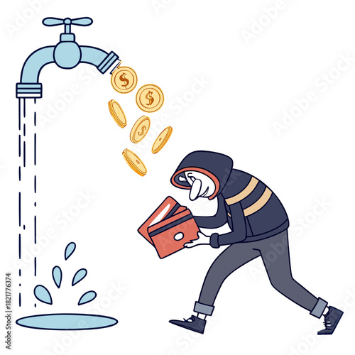 Cartoon thief in a hoodie stealing falling dollar coins from a faucet into a wallet
