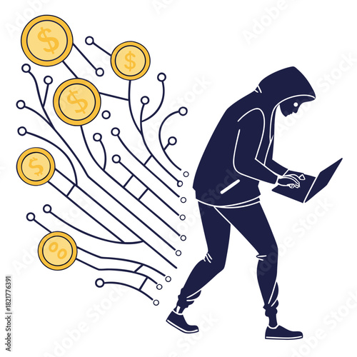 Anonymous hacker stealing digital currency coins through a network connection using a laptop computer illustration