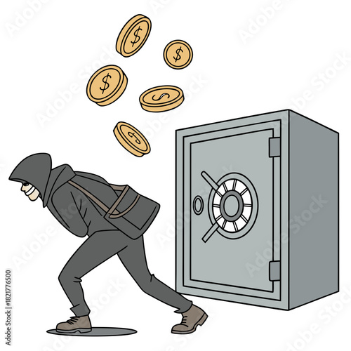 A sneaky thief wearing a mask and hoodie attempts to steal money from an open safe with coins falling out