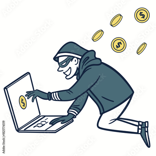Cartoon hacker in a mask and hoodie stealing money from a laptop with coins flying around