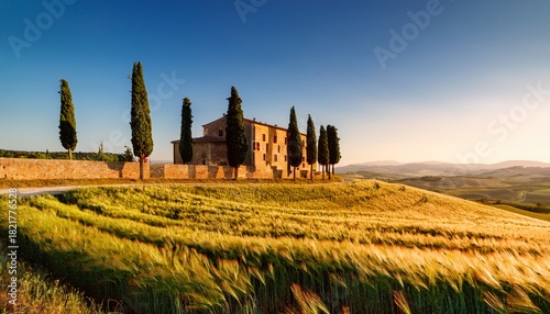 stunning view of cypress trees and a rustic villa in pienza tuscany showcasing the charm of the italian countryside in warm sunlight