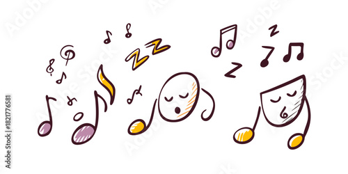 Hand drawn musical notes and sleeping faces music notes