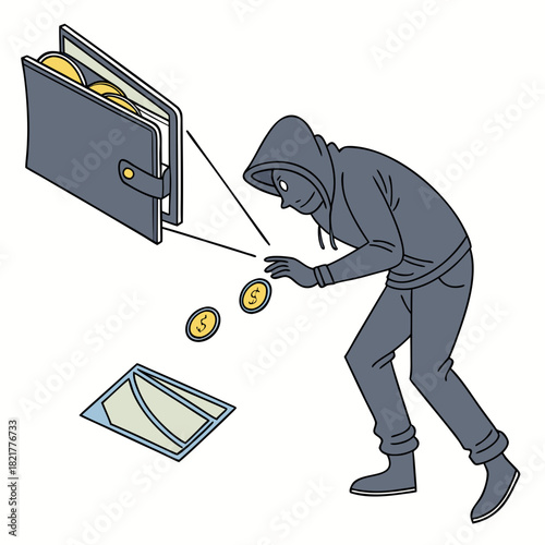 Cartoon thief in a hoodie stealing coins and cash from an open wallet with dollar signs on white background