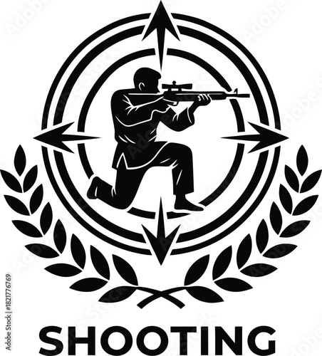 Silhouette of marksman kneeling and aiming rifle inside circular target emblem with laurel wreath for shooting sport competition and tactical training logo design.