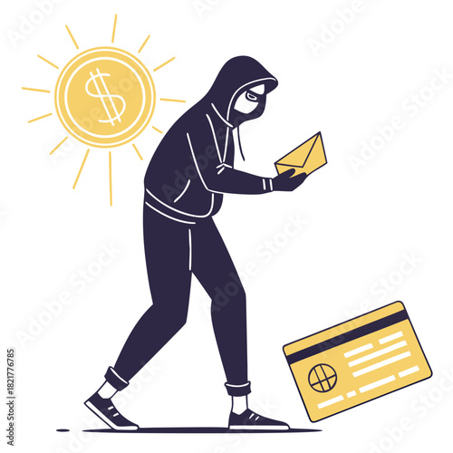 Anonymous hooded figure stealing money and credit card with dollar symbol sun shining brightly
