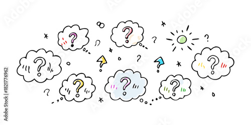 Hand drawn question mark doodle with colorful abstract shapes