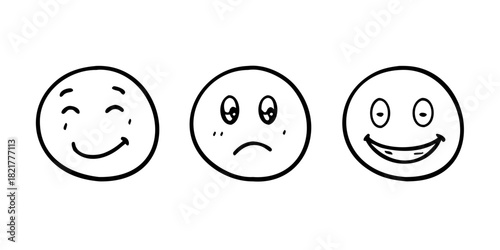 Hand drawn smiley faces in different emotions happy