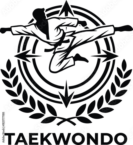 Dynamic taekwondo fighter silhouette executing high flying side kick inside circular target emblem with laurel wreath for martial arts championship combat sports training.