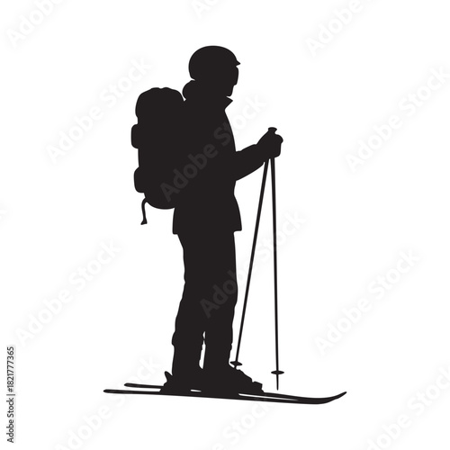 Silhouette of a skier with backpack conquering mountain trails, embodying adventure, freedom, and the challenge of outdoor exploration. Scalable vector graphics.