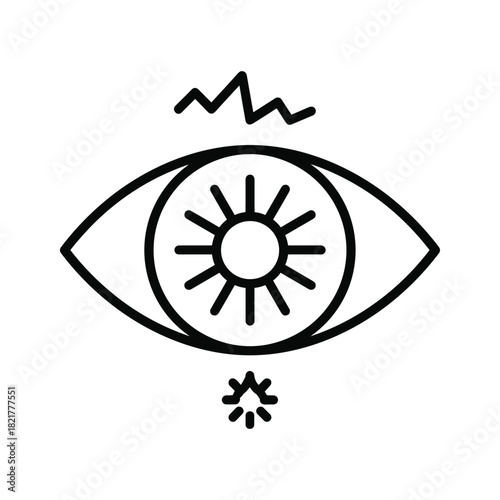 Line art icon of an eye with a radiating pupil and abstract elements