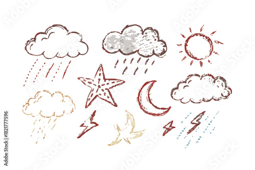 Hand Drawn Textured Weather Icons on White Background