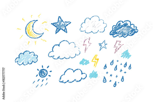 Hand drawn weather icons on white background textured