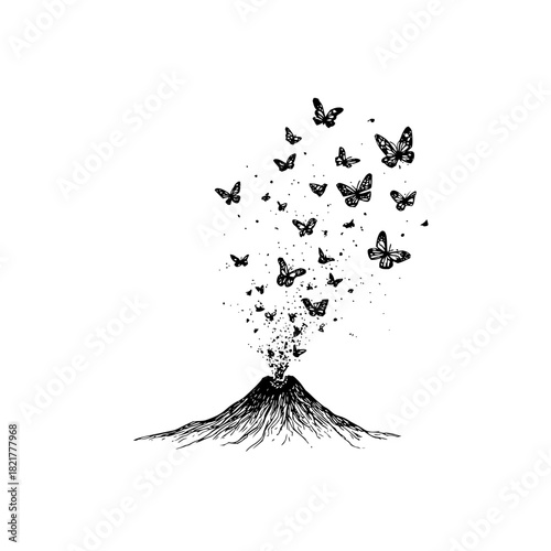 Black and white drawing of butterflies erupting from a volcano