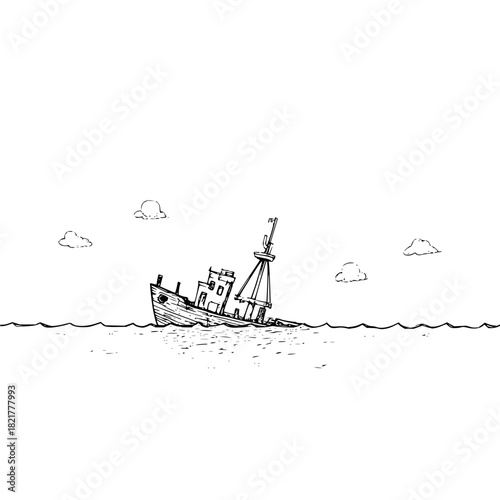 Hand drawn sketch of a sinking or damaged boat at sea