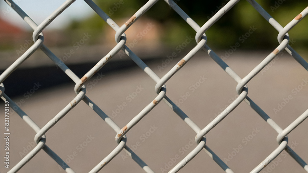Fototapeta premium Rustic chain link fence detail with weathered texture offers versatile backdrop for creative projects