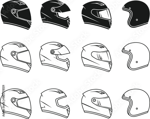 PrintSet of Motorcycle Helmet Styles Vector Illustration - Full Face, Modular, and Open Face Outline Graphic