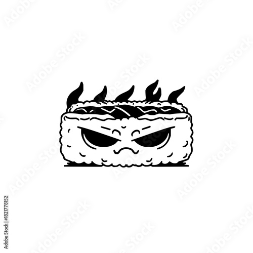 Angry sushi roll character with flames, black and white tattoo design