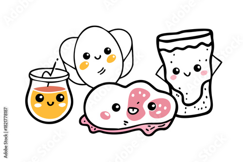 Kawaii breakfast doodles with eggs bacon and toast