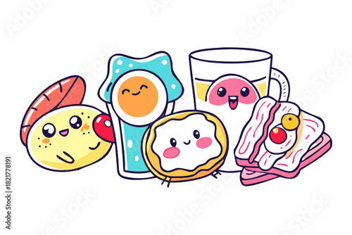 Kawaii breakfast doodles eggs bacon toast and coffee cup