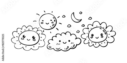 Kawaii smiling suns and moons with stars smiling moon