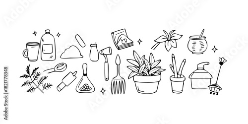 Kitchen Utensils and Cleaning Items Line Art doodles