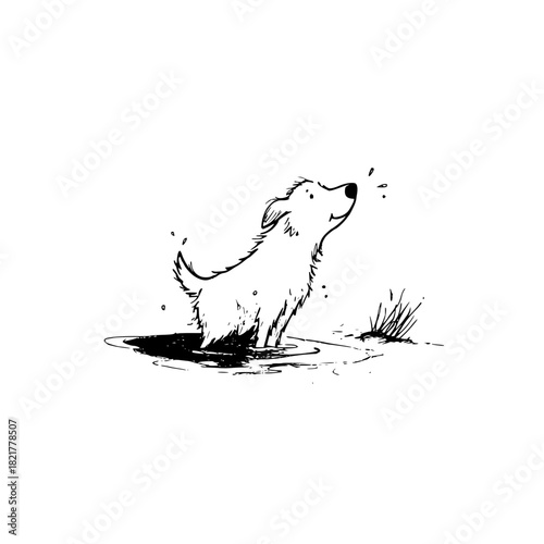 Cute dog standing in a puddle in a simple black and white sketch